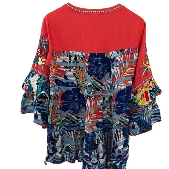John Mark Floral Embroidered Split Neck Ruffled 3/4 Sleeve Tunic Red Size Small - Picture 3 of 10